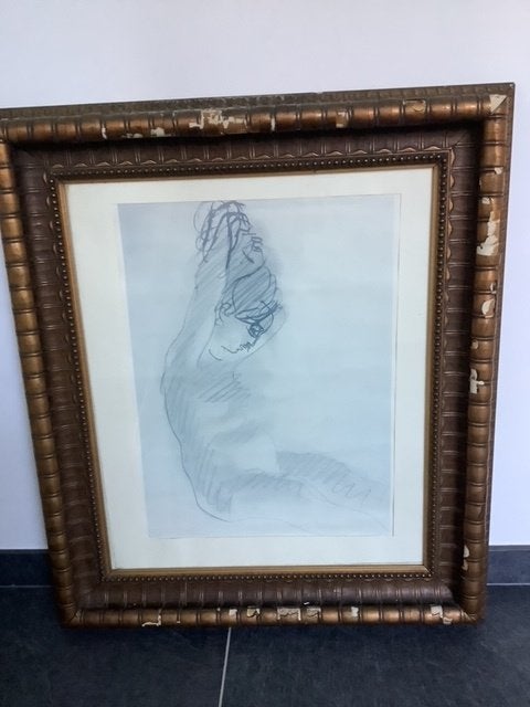 Mooie oude lijst (67x78cm) met ingelijste tekening van Rodin, Antiek en Kunst, Ophalen, Portret of Personen, Achter glas, Tekening