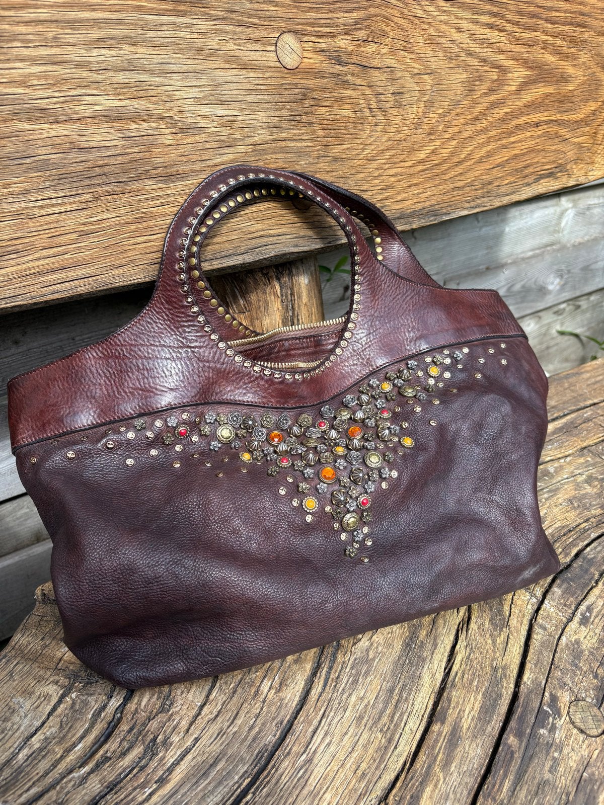 Campomaggi Leren Handtas met Studs en Edelstenen, Ophalen of Verzenden, Zo goed als nieuw, Bruin, Handtas