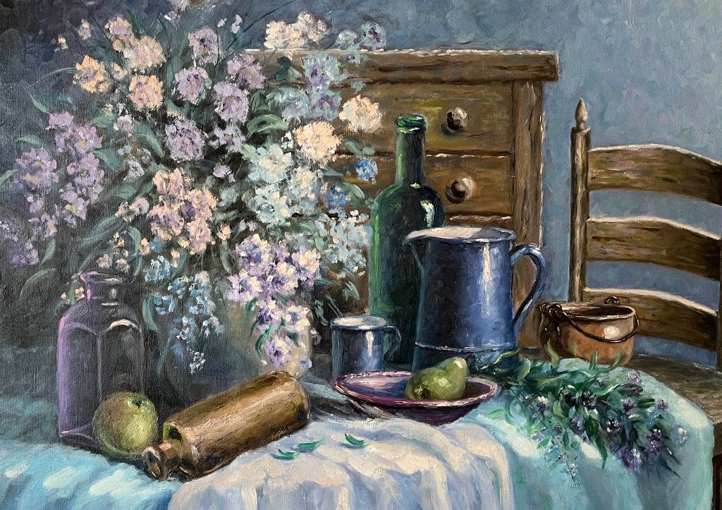 Groot schilderij stilleven kamerinterieur., Antiek en Kunst, Kunst | Schilderijen | Klassiek, Ophalen