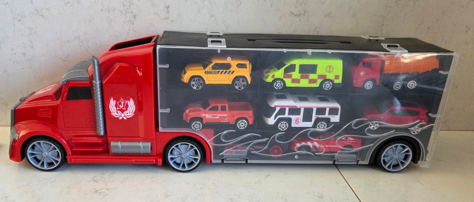 Grote speelgoed vrachtwagen met 6 auto's, Ophalen of Verzenden, Gebruikt
