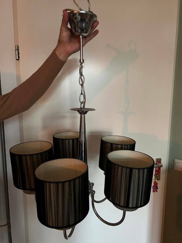 kroonluchter chroom 5 armig met 5 zwarte organza kapjes, Ophalen, Gebruikt, Metaal