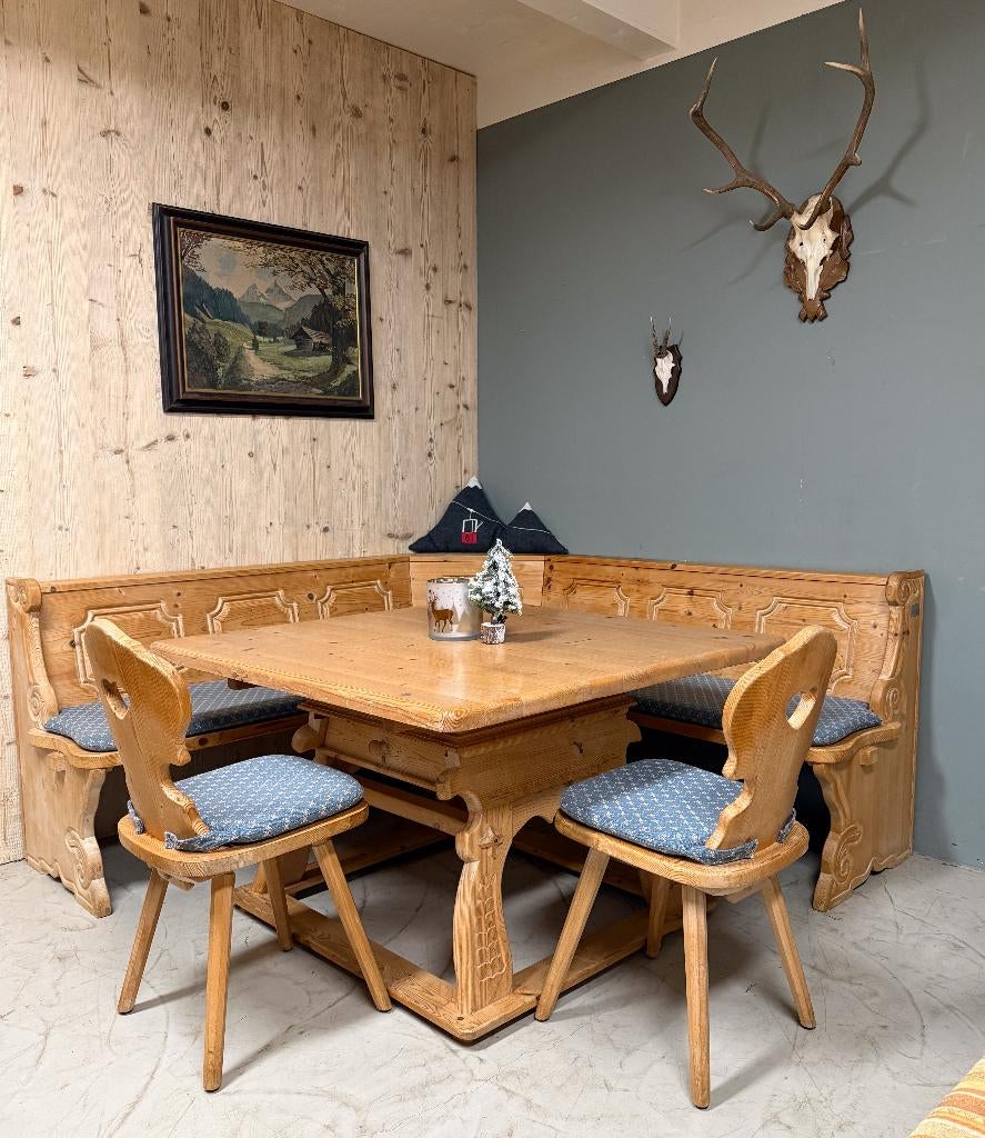 Vintage Alpen Stube set Oostenrijkse Zithoek tafel + stoelen, Antiek en Kunst, Ophalen