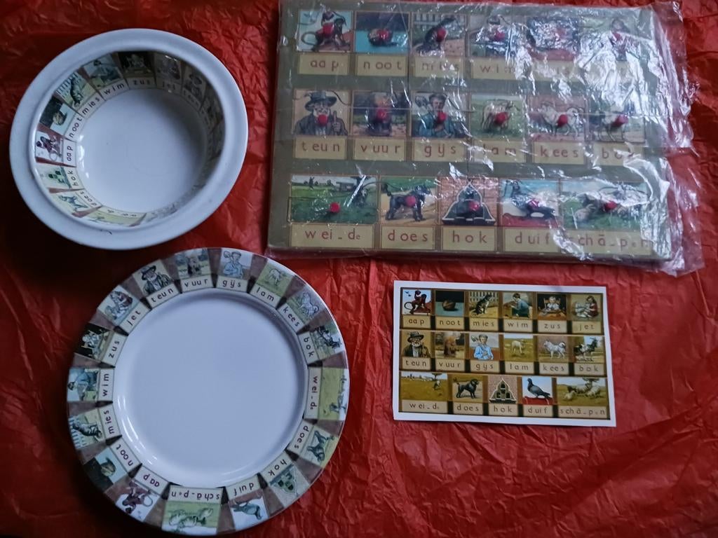 Aap, noot, mies puzzel, ontbijtbordje schaaltje en kaart, Ophalen of Verzenden, Minder dan 500 stukjes, Gebruikt, Overige typen