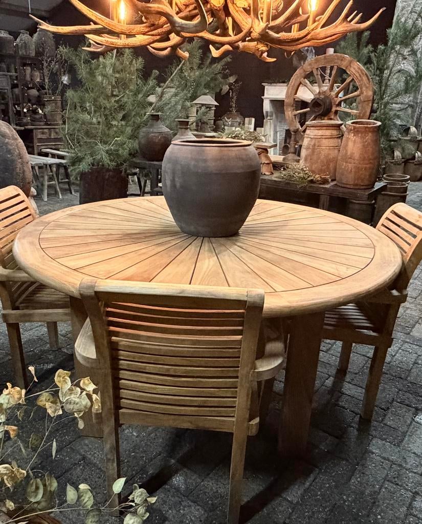 Teak tuinset  tafel 160 cm rond 4 stapelstoelen, Tuin en Terras, Tuinsets en Loungesets, Ophalen, 4 zitplaatsen, Teakhout, Nieuw