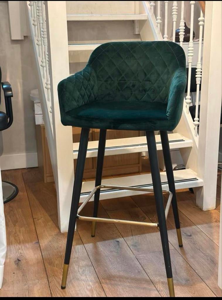 Groene Velvet Barkruk van Loods5, Huis en Inrichting, Barkrukken, Ophalen, Met voetsteun, 60 tot 90 cm, Zo goed als nieuw