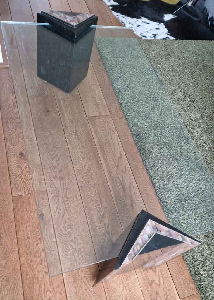 Glazen salontafel met parelmoer poten, Ophalen, Gebruikt, 100 tot 150 cm, 50 tot 100 cm