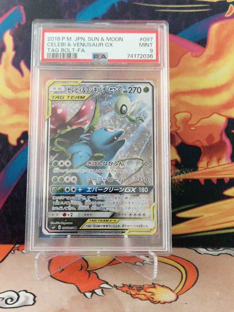 PSA 9 Celebi & Venusaur GX - Tag Bolt 97/95 - Japanese SM9, Hobby en Vrije tijd, Ophalen of Verzenden, Nieuw, Losse kaart, Foil