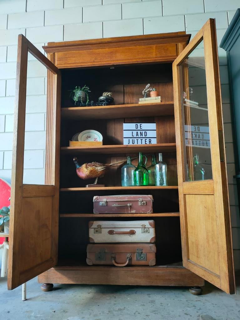Vintage/Art deco eiken buffetkast, jaren '20-'30 schoolkast, Glas, 100 tot 150 cm, 200 cm of meer, Ophalen of Verzenden