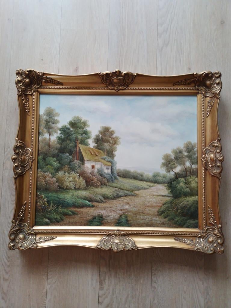 Schilderij: Cottage aan Bospad, 75x65 cm, Antiek en Kunst, Ophalen of Verzenden