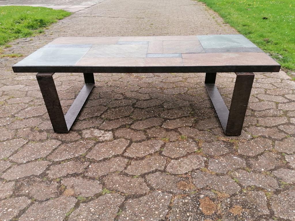 Salontafel  stalen poten, stenen blad, Huis en Inrichting, Tafels | Salontafels, Ophalen, Gebruikt, 100 tot 150 cm, 50 tot 100 cm