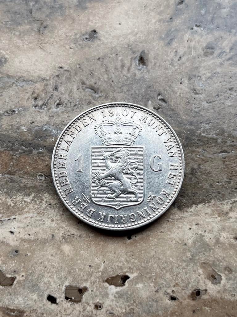 1 gulden 1907 Wilhelmina , zeer mooie kwaliteit, Postzegels en Munten, Munten | Nederland, 1 gulden, Zilver, Ophalen of Verzenden