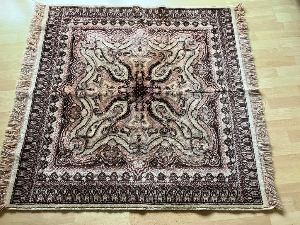 Wollen smyrma vintage tafelkleed/vloerkleed 1.22 x 1.34, Ophalen of Verzenden, Gebruikt, Rechthoek, Binnen