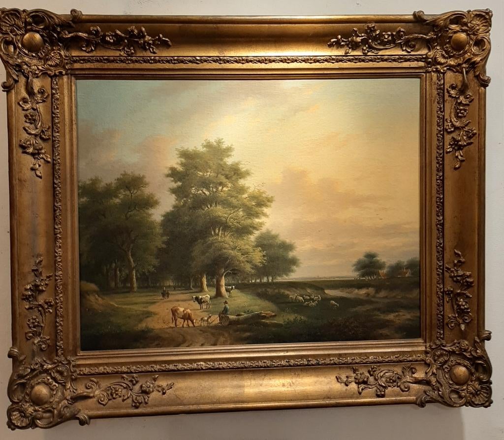 Antiek schilderij landschap met mensen en vee, Ophalen of Verzenden