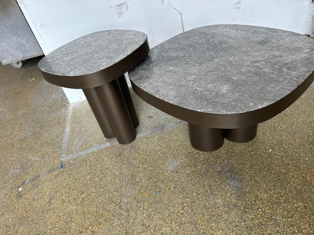 Salontafelset Marmeren blad, stalen onderstel, Ophalen, Zo goed als nieuw, Minder dan 50 cm