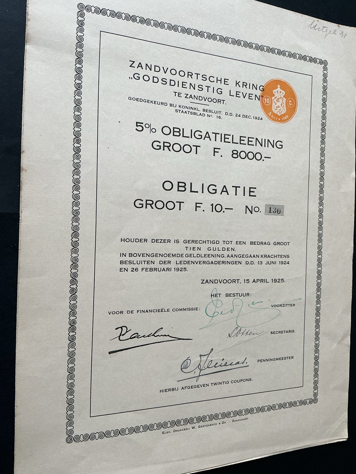 Oude obligatie Zandvoortsche Kring "Godsdienstig Leven, Verzenden, 1920 tot 1950, Obligatie of Lening