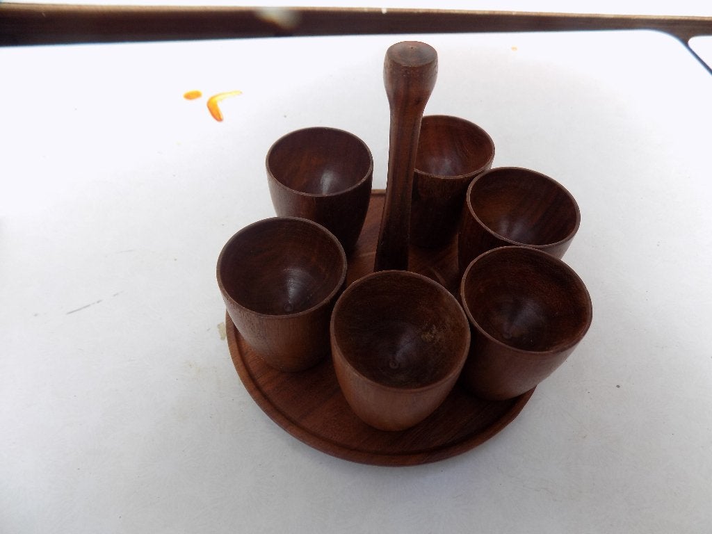 Eierdoppen set van zes teak retro vintage jaren 60, Ophalen of Verzenden, Gebruikt, Hout