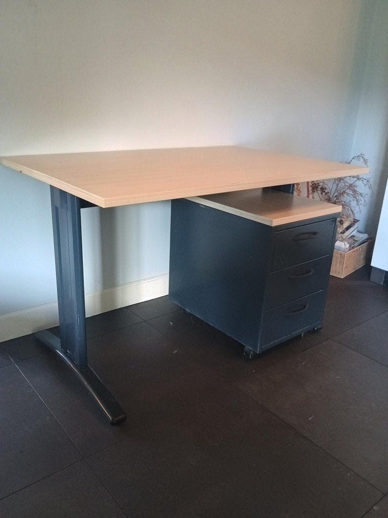 Bureau en ladeblok; Staal en hout, Huis en Inrichting, Bureaus, Ophalen, Gebruikt, 120 cm, Metaal