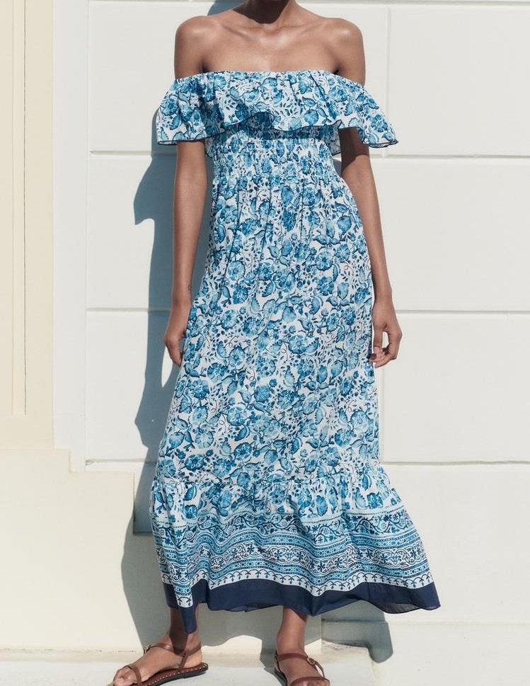 Floral print off the shoulder dress (Zara), Kleding | Dames, Jurken, Blauw, Zara, Nieuw, Ophalen of Verzenden