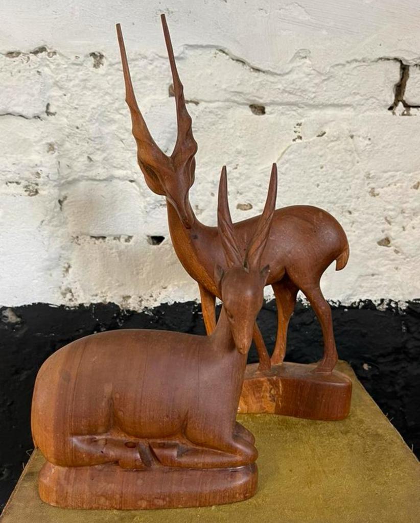 Set twee teakhouten vintage mid cebtury herten gazelles, Houtsnijwerk, Minder dan 20 cm, Ophalen of Verzenden, Zoogdier