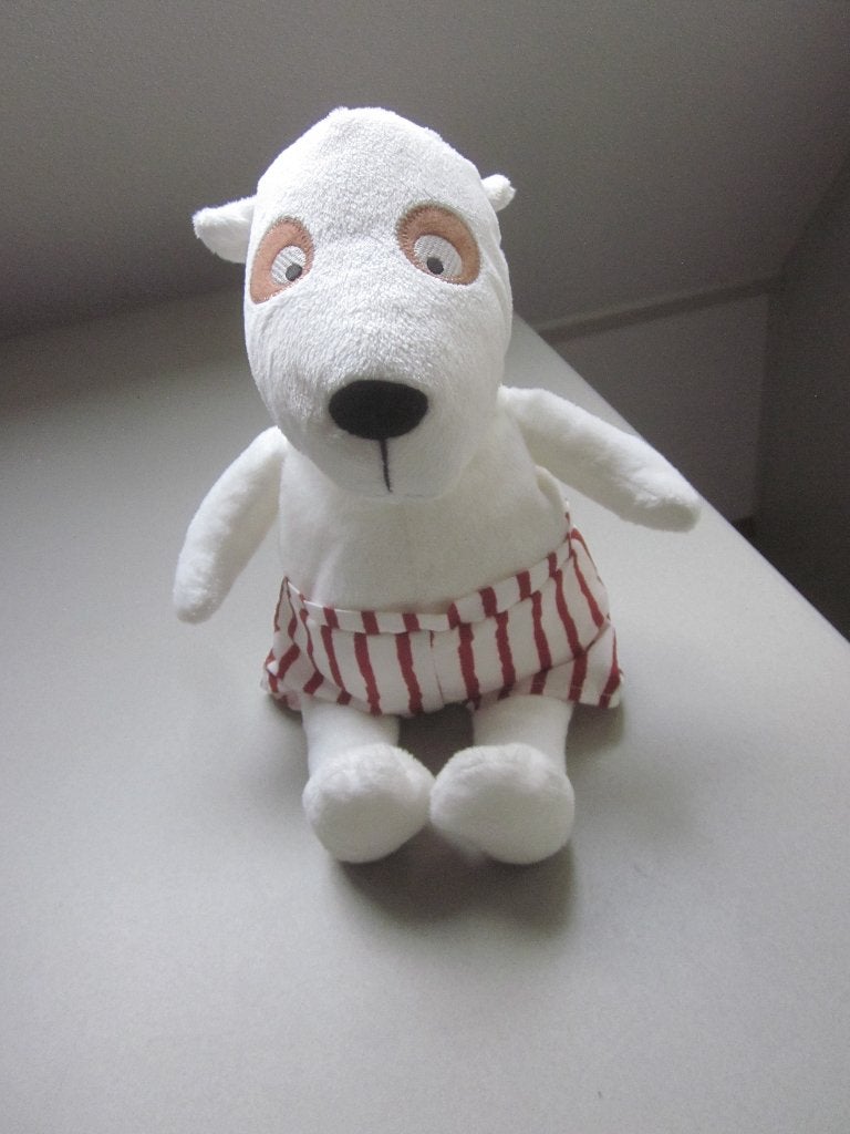 Ikea wit glad pluche hond knuffel gestreepte bruine broek, Zo goed als nieuw, Middelgroot (20 tot 80 cm), Meerkleurig, Met kleding of accessoire