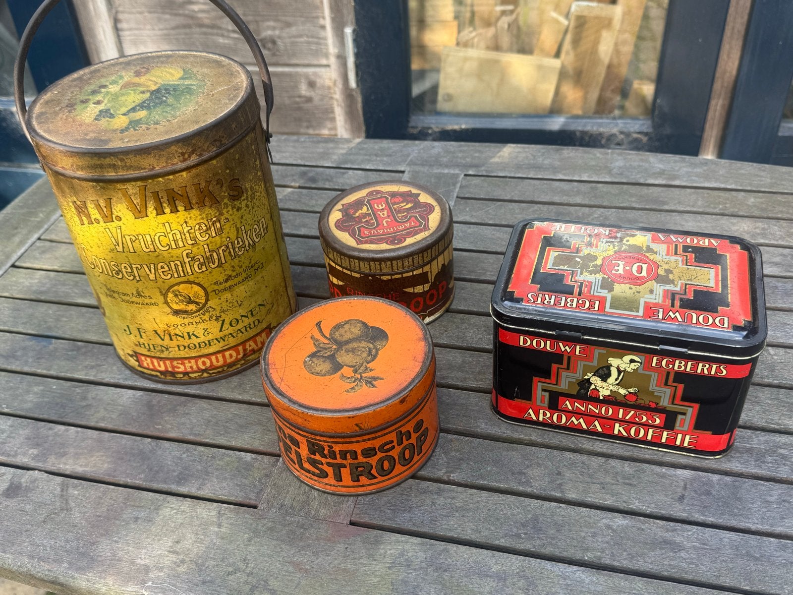 Set van 4 Antieke Blikken: Vink's, DE, Rinsche Appelstroop, Ophalen of Verzenden, Gebruikt, Overige, Douwe Egberts