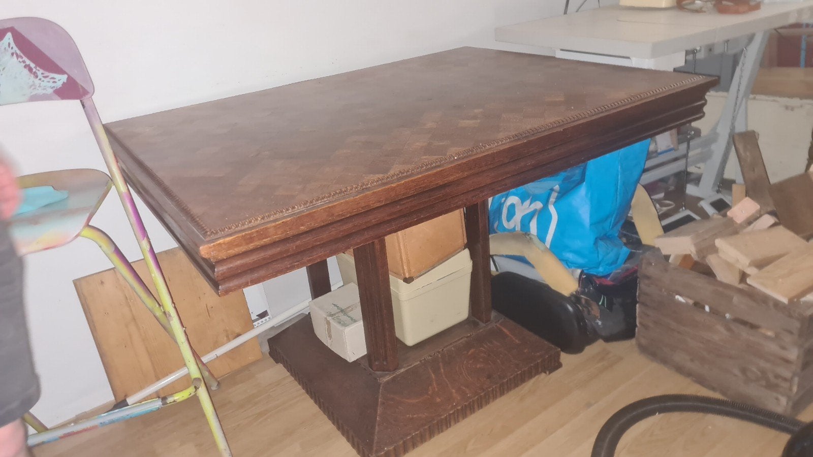 Antieke eikenhout tafel met mozaïek blad, Ophalen of Verzenden