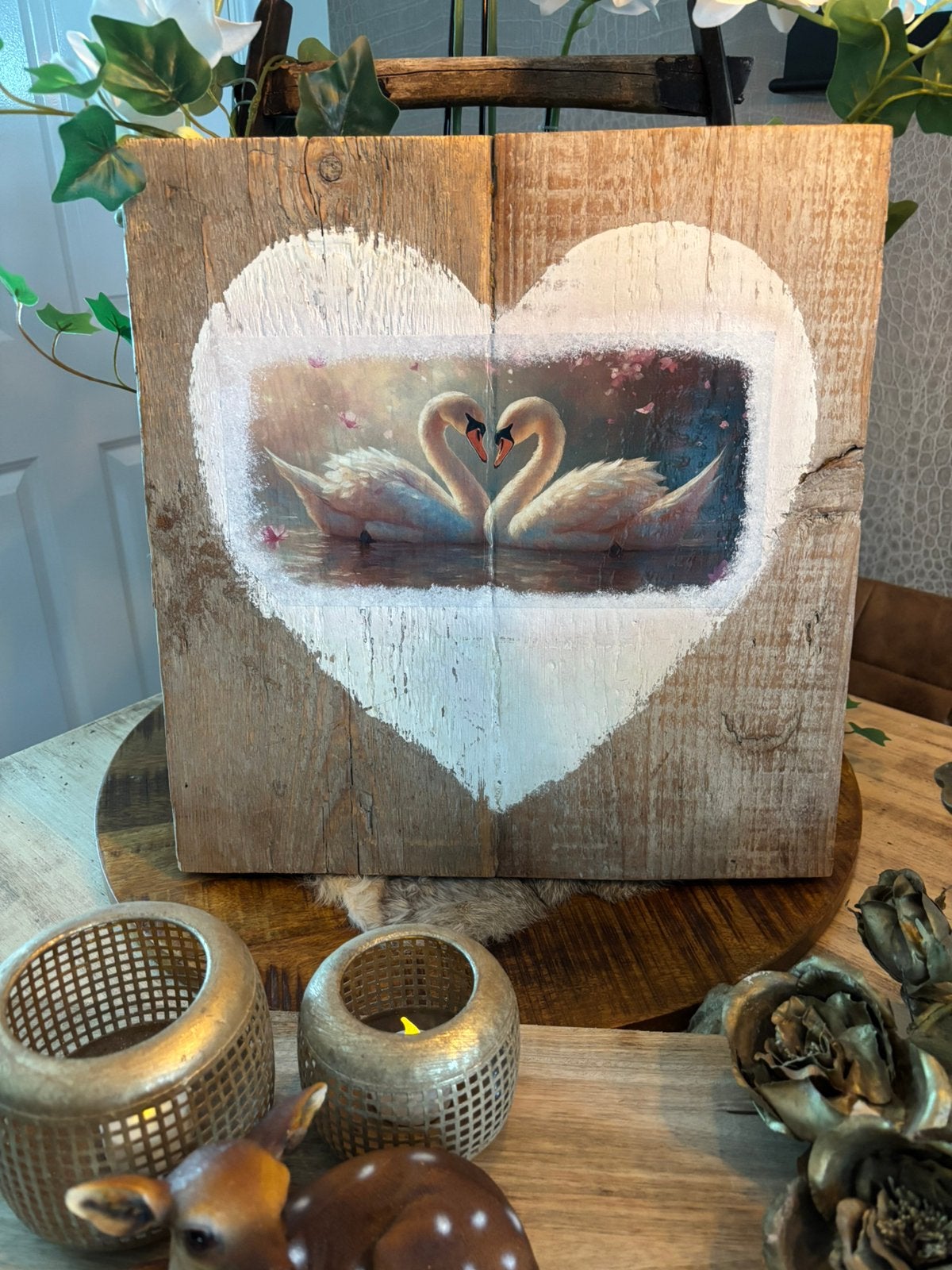Hout paneel hart zwanen brocante, Antiek en Kunst, Ophalen of Verzenden