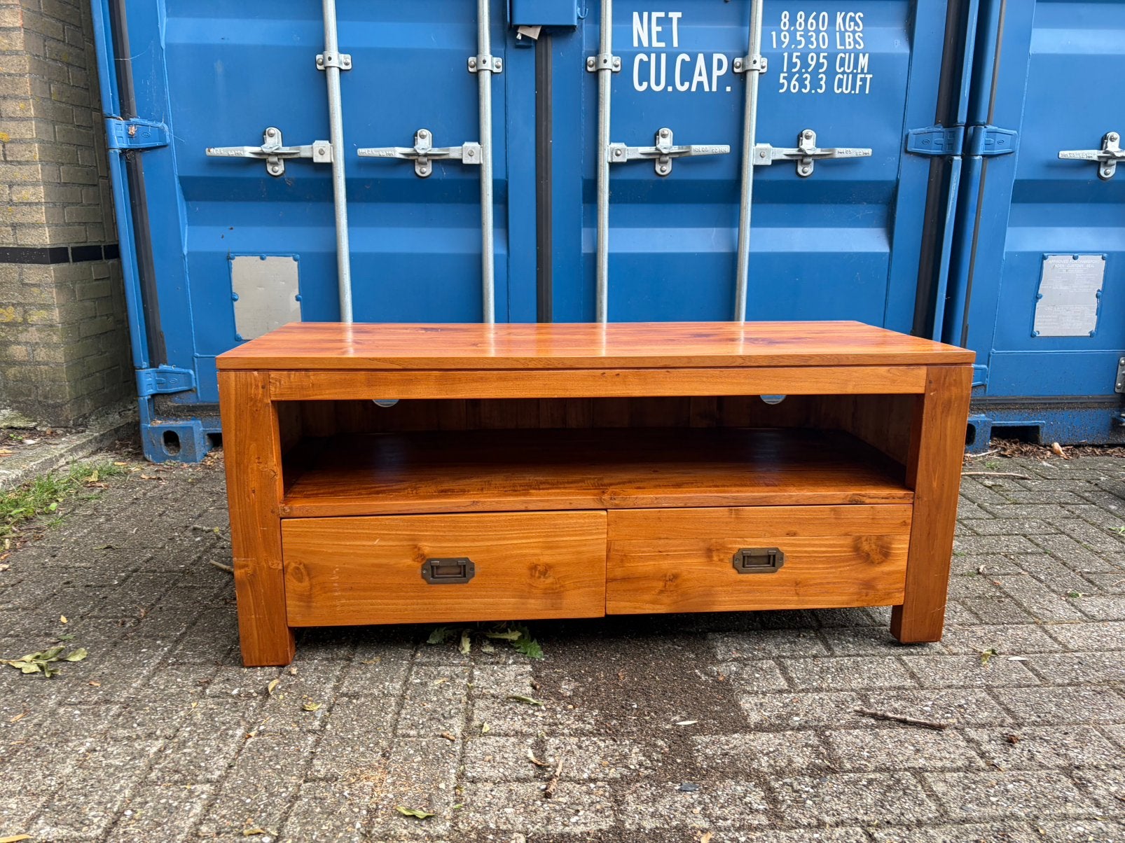 Tv meubel teak 2 lades een leuk kassie, Gebruikt, 100 tot 150 cm, Teakhout, Ophalen of Verzenden