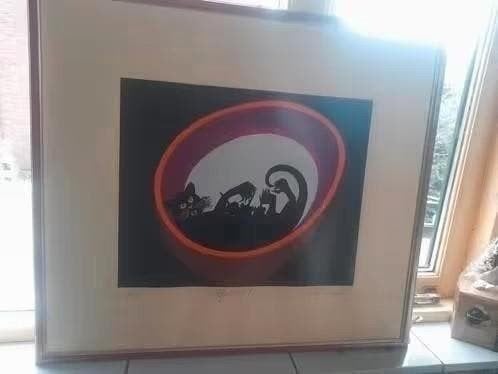Ingelijste zeefdruk met silhouetten, Antiek en Kunst, Kunst | Litho's en Zeefdrukken, Zeefdruk, Ingelijst, Personages en Fantasiefiguren