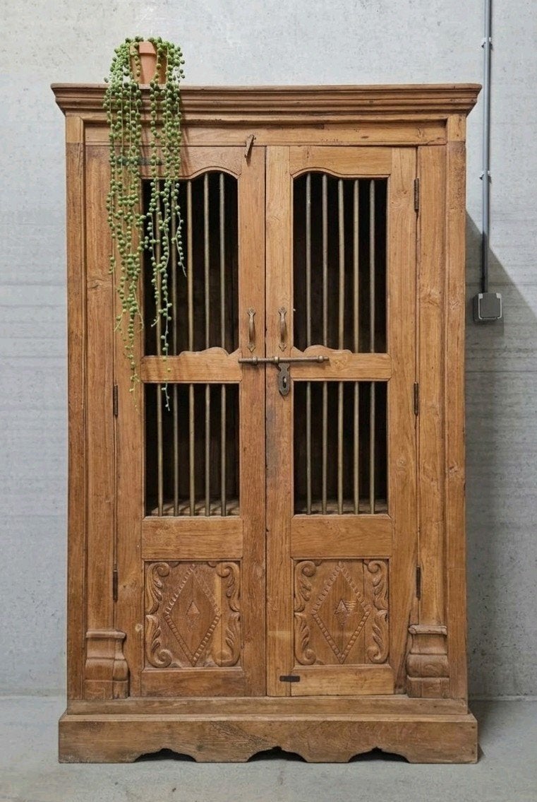 Antieke XL teakhouten koloniale spijlenkast vintage kast, Ophalen of Verzenden