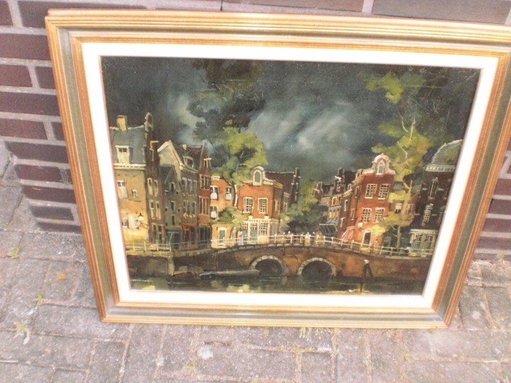 olieverf schilderij met grachten, Paneel, Overige stijlen, Ingelijst, Ophalen of Verzenden