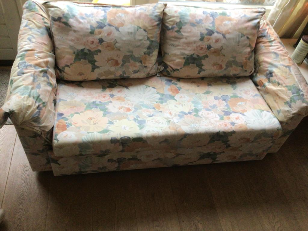 Slaapbank met bloemenmotief, Huis en Inrichting, Slaapkamer | Slaapbanken, Ophalen, Beige, Tweepersoons, Zo goed als nieuw
