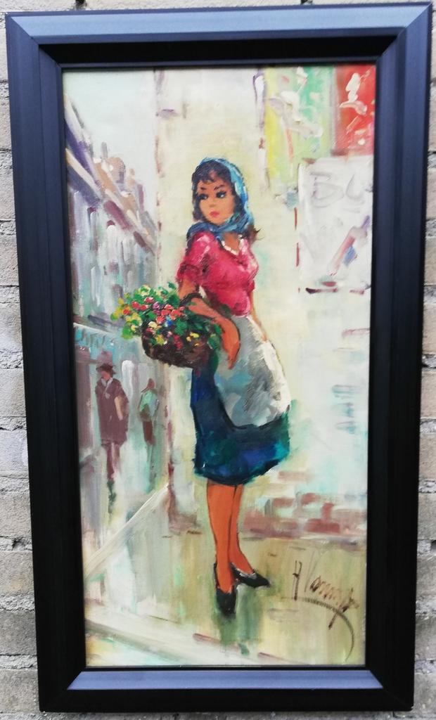 Jeune femme avec un panier de fleurs. Sign. Olie/doek. 38/68, Ophalen