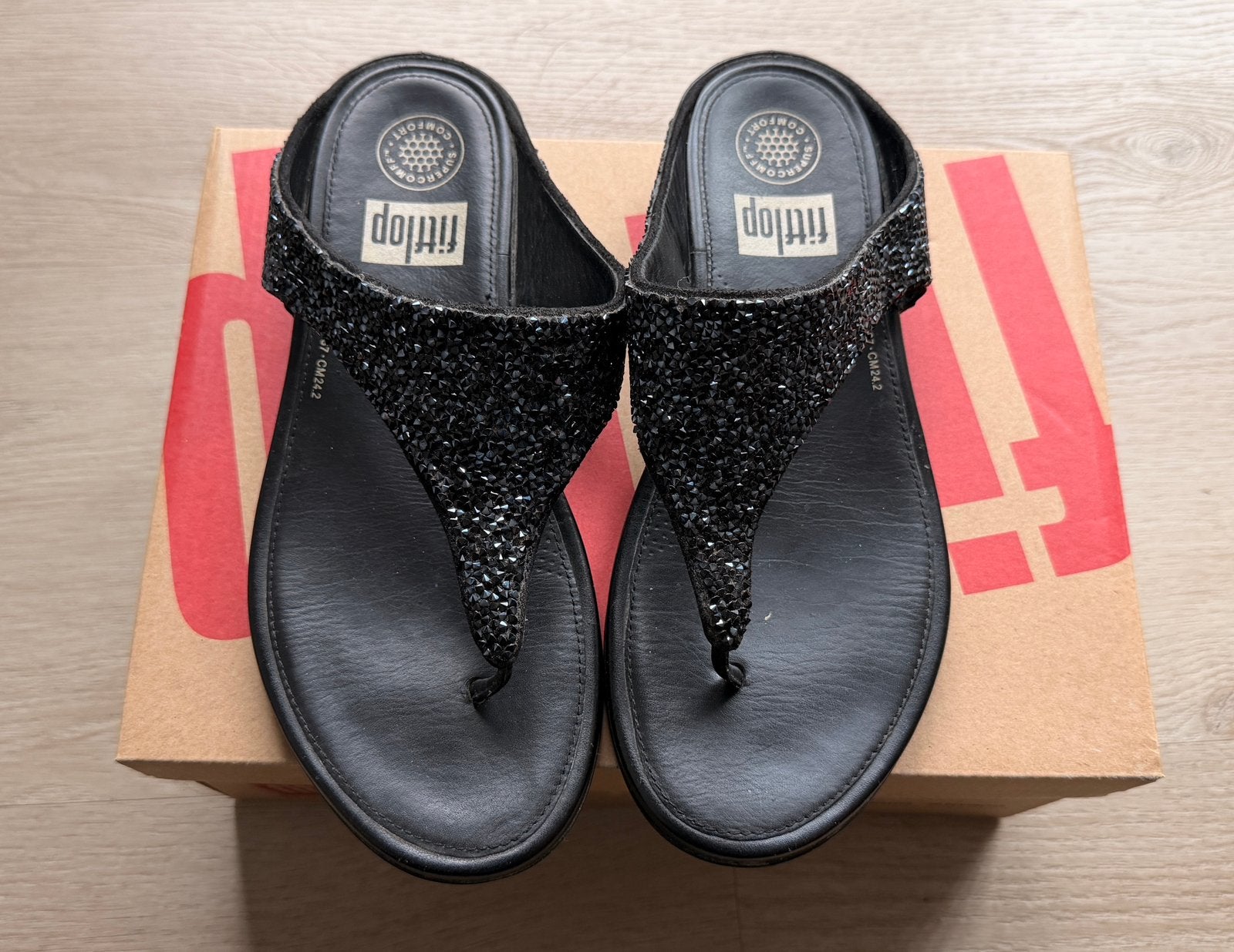 Leren Flitflop Lulu Crystal zwart met glitters, maat 38, Kleding | Dames, Schoenen, Zwart, Zo goed als nieuw, Sandalen of Muiltjes