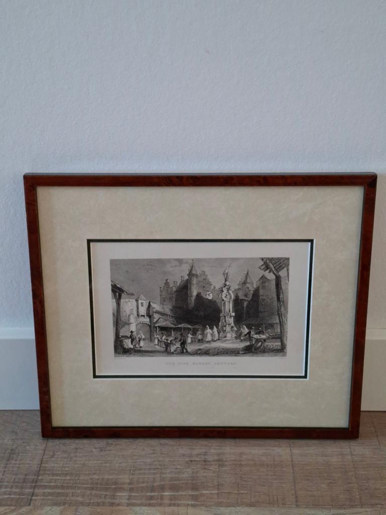 Gravure: The Fish Market Antwerp +Lijst by J. Rogers €50, Ophalen of Verzenden, Dagelijks leven