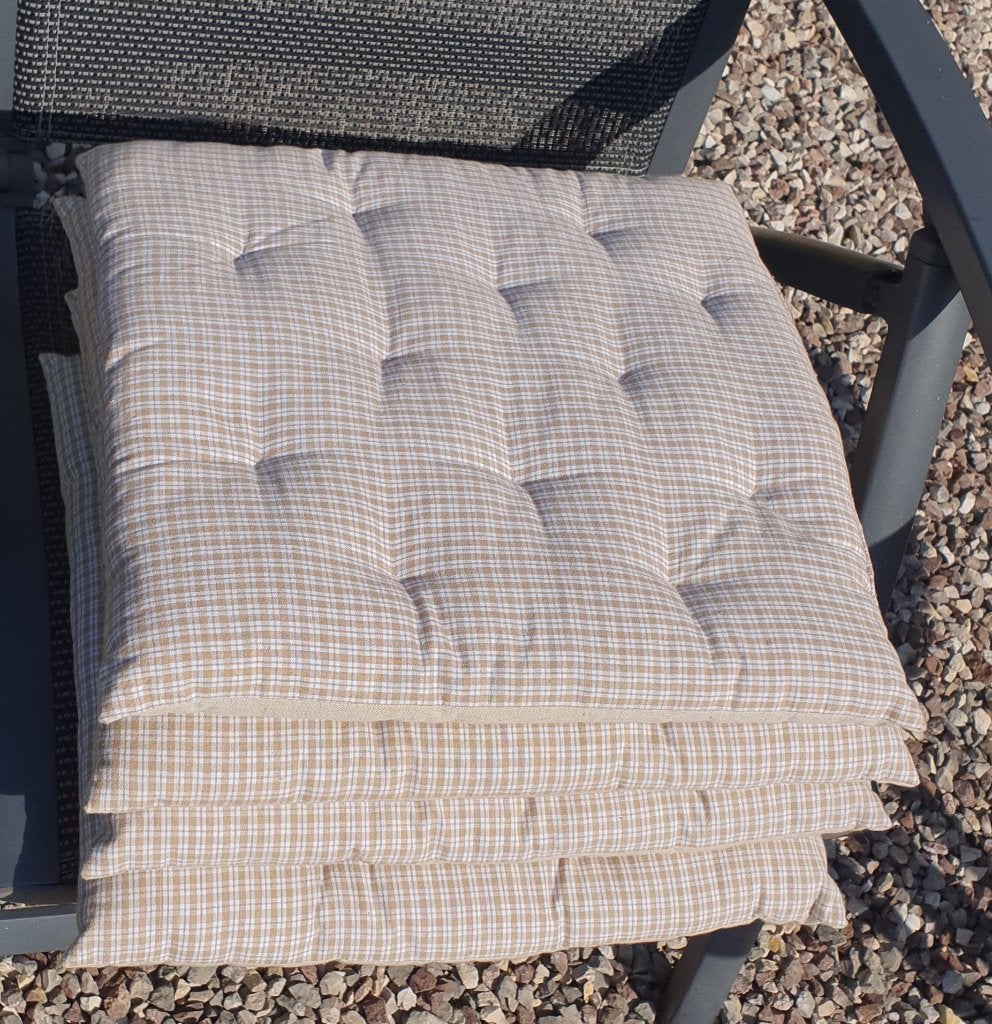 Set van 4 tuinkussens / zitkussens 38x38x4 cm beige geruit, Ophalen, Gebruikt