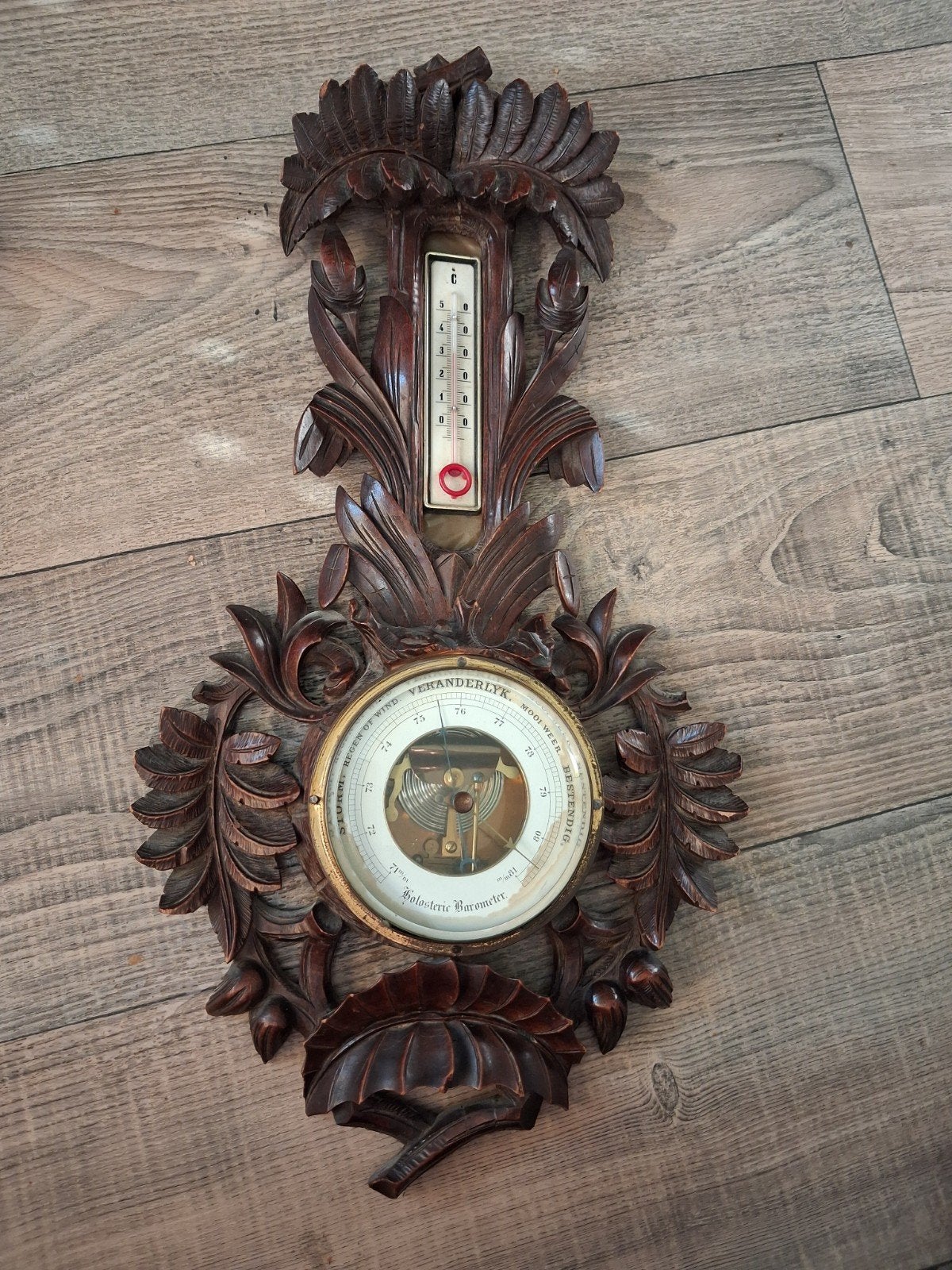 Antieke Barometer met Thermometer - Mooi Gaaf Houtsnijwerk, Ophalen, Gebruikt, Barometer