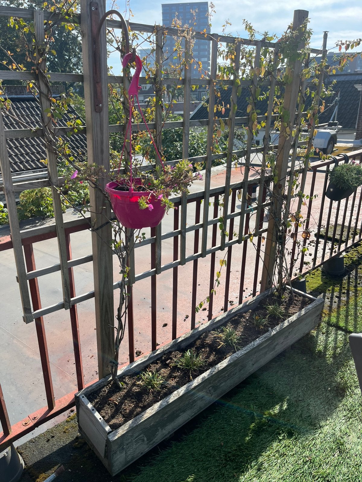 4 bloembakken plus rekken en planten, Tuin en Terras, Ophalen, Gebruikt, Hout, Tuinhek