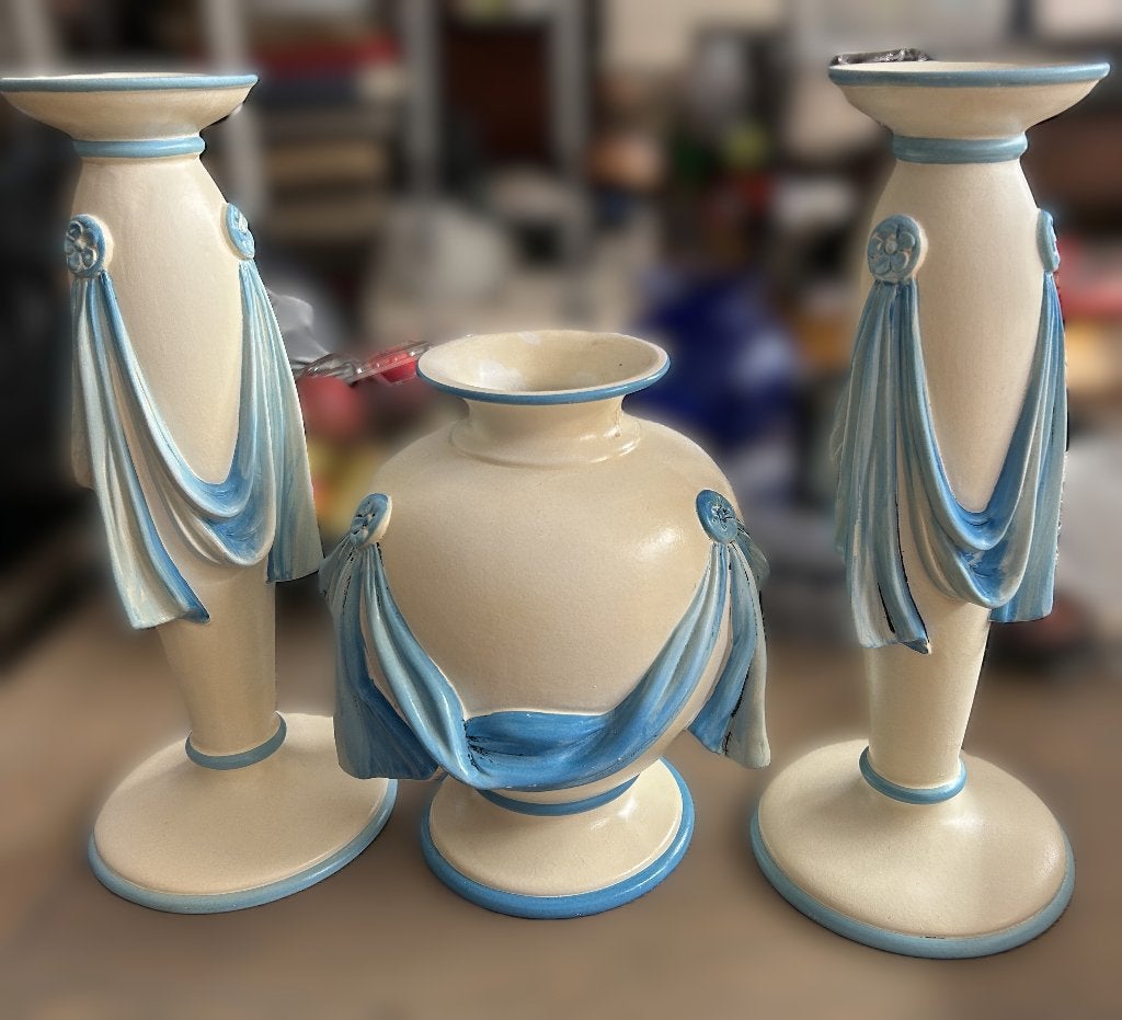 vaas met twee kandelaars vintage keramiek griekse stijl, Gebruikt, Met patroon/structuur, Blauw, Steen/keramiek