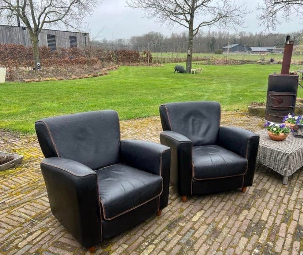 Zwarte tuigleren fauteuils - Set van 2, Ophalen, Gebruikt, Leer, 75 tot 100 cm