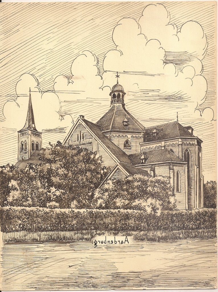 Aardenburg R.K. Kerk 1948 tekening Sievers, Ophalen of Verzenden, Tekening, Pentekening, Handgemaakt