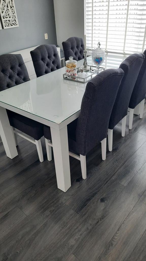 6 x Eetkamerstoelen Gecapitonneerd Handgemaakt Grijs Linnen, Huis en Inrichting, Stoelen, Ophalen, Grijs, Vijf, Zes of meer stoelen