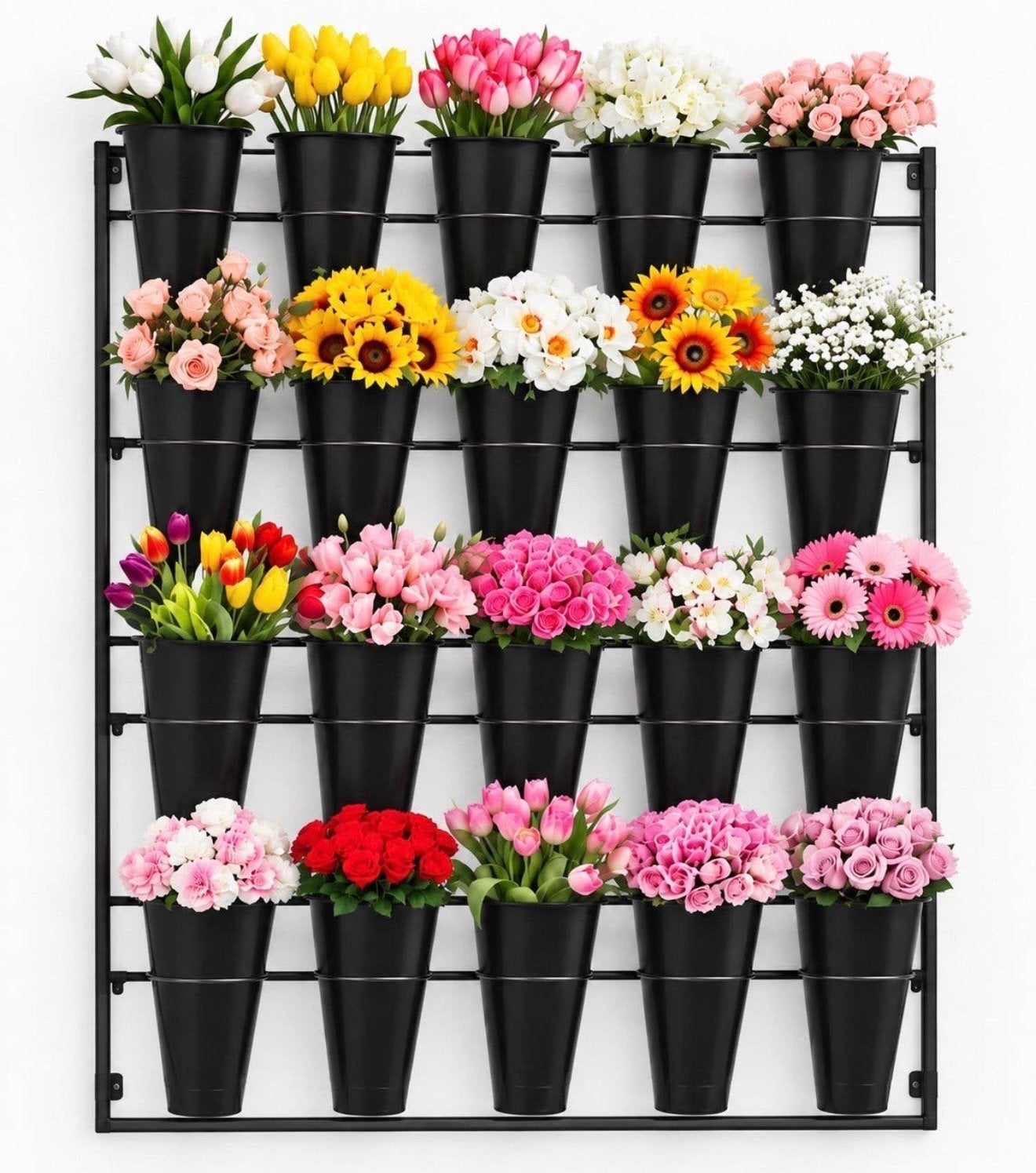 Bloemenrek Display met 20 Zwarte Emmers (115x160 cm), Ophalen, Gebruikt, Zwart, Metaal