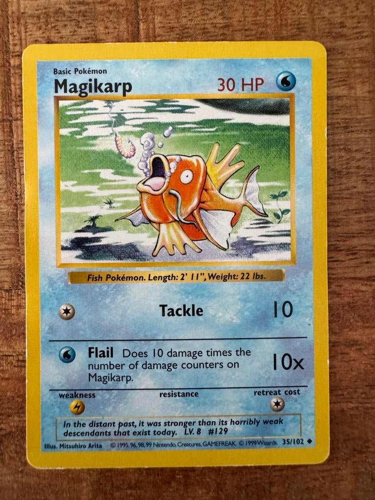 Shadowless Magikarp Pokémon Kaart 35/102 (Base Set), Ophalen of Verzenden, Zo goed als nieuw, Losse kaart