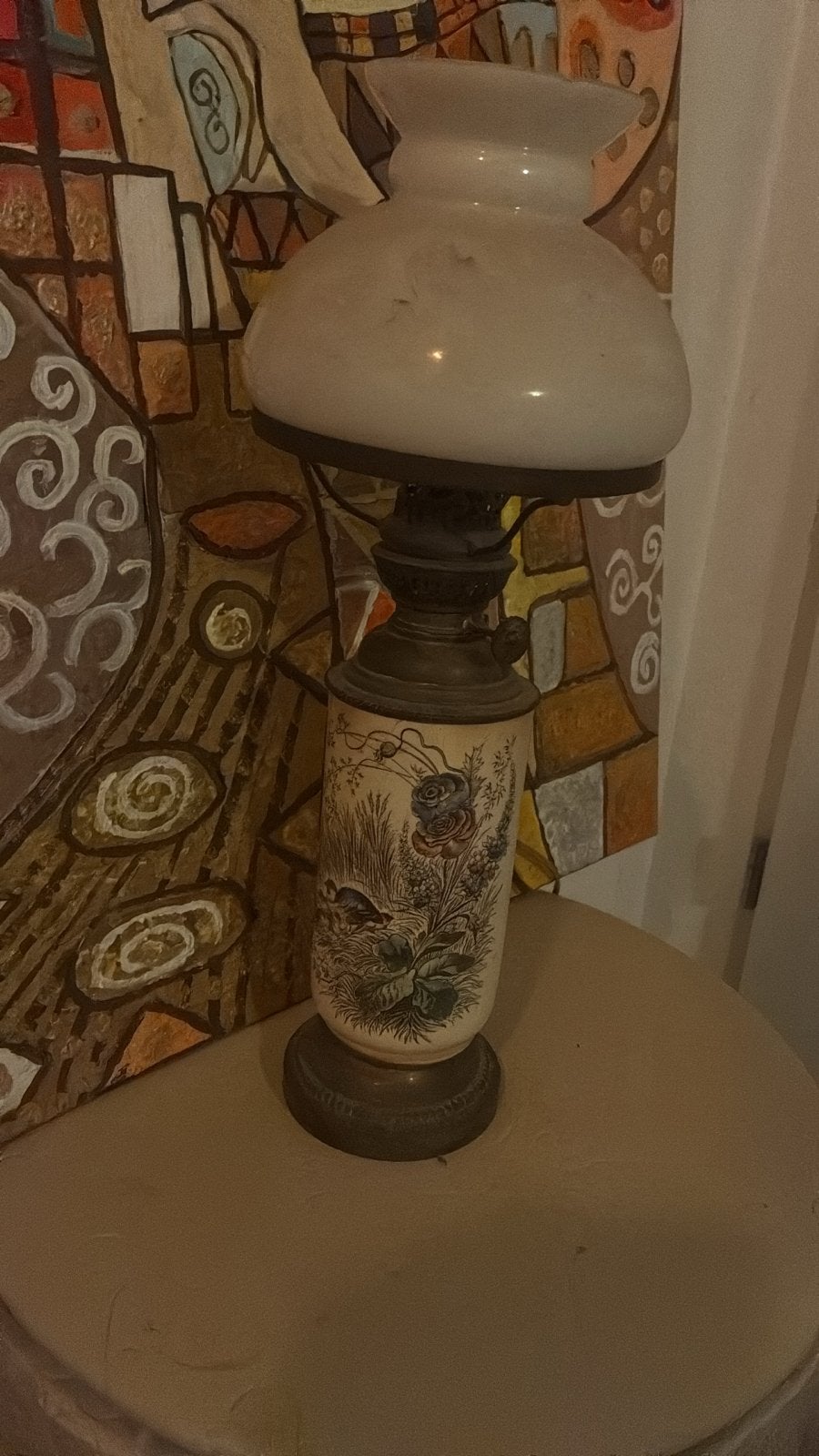 Antieke olielamp met bloemmotief, Antiek en Kunst, Ophalen