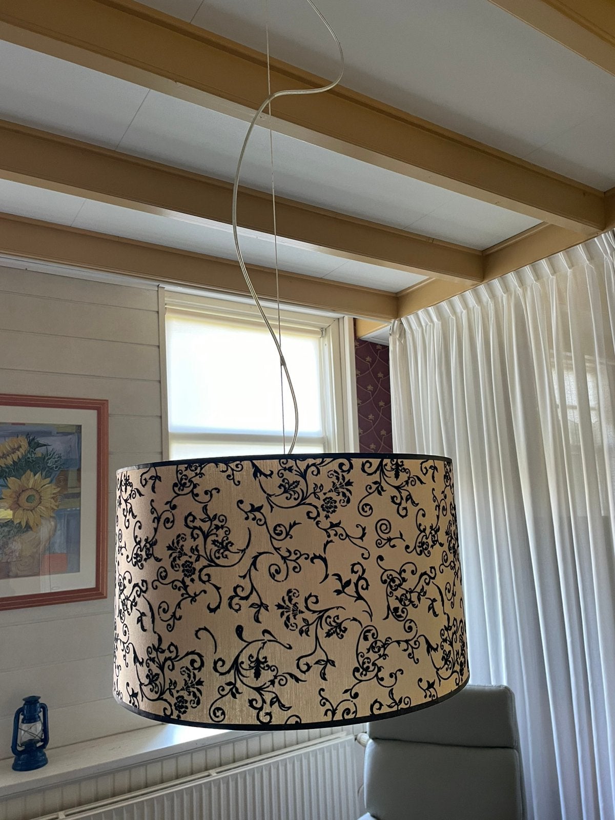 Hanglamp met zwart-wit bloemenpatroon - 29x50 cm, Ophalen, Gebruikt, Stof, Minder dan 50 cm