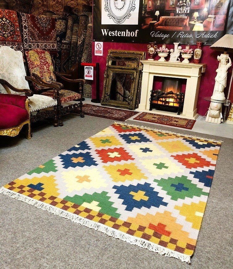 Handgeweven kelim vloerkleed wollen tapijt - 257x175 cm, 200 cm of meer, Ophalen of Verzenden, Zo goed als nieuw, 200 cm of meer
