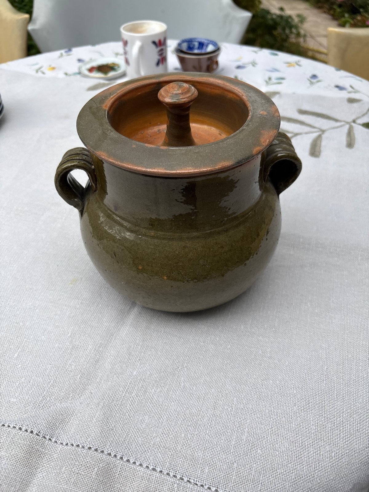 Vintage Aardewerken Pot met Deksel - Groen Geglazuurd, Antiek en Kunst, Ophalen