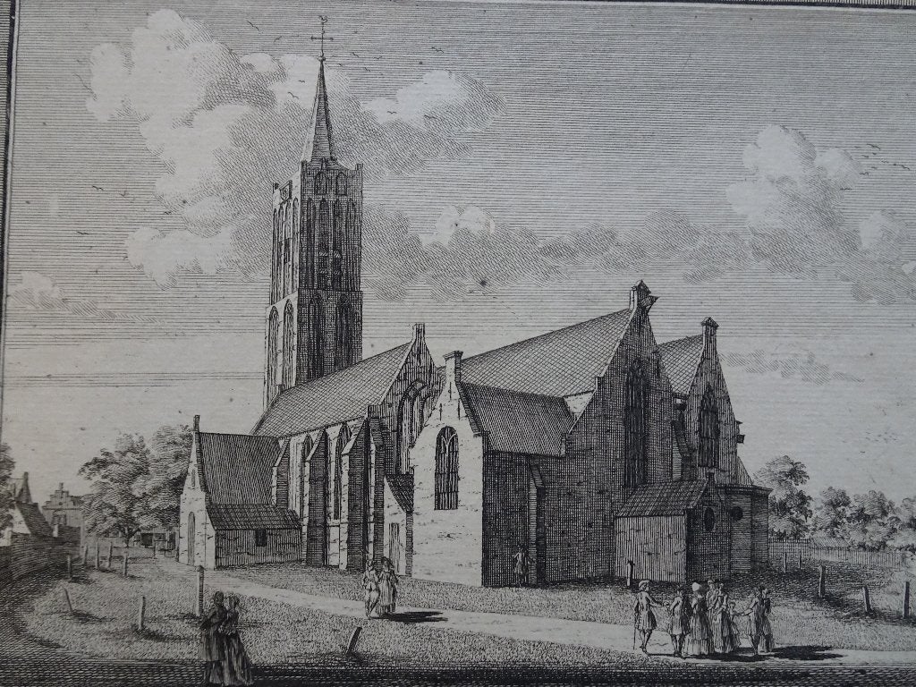 gravure NH kerk te Beverwijk Hendrik de Leth 1768, Stadsgezicht, Ophalen of Verzenden, Gravure, Origineel