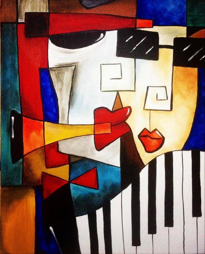 Abstract Acryl Schilderij: Muziek en Gezicht (55x75cm, Ophalen of Verzenden